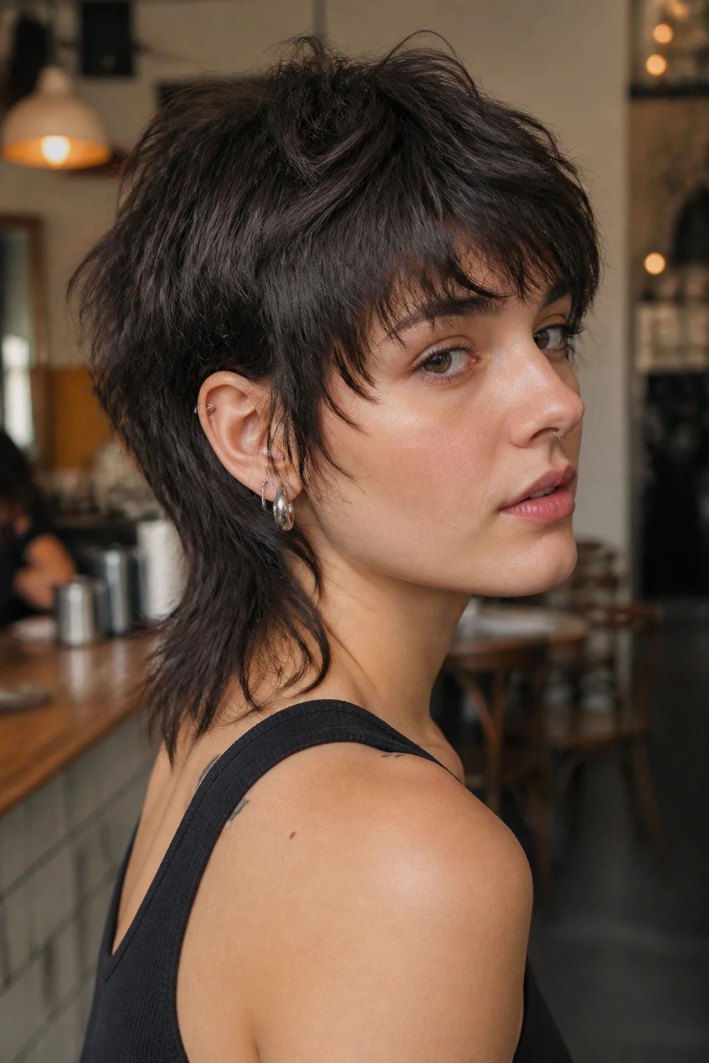 Real person with a mullet-leaning wolf cut and sharp nape in warm ambient light