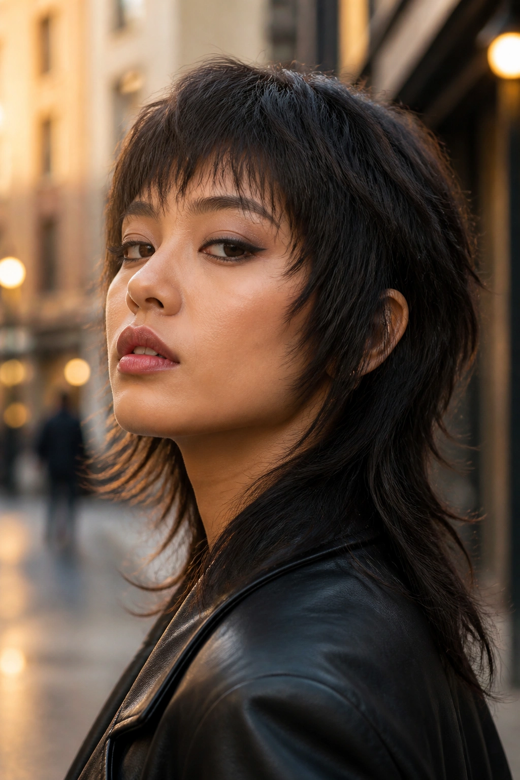 Close-up portrait of a real woman with mullet-inspired wolf cut and longer back