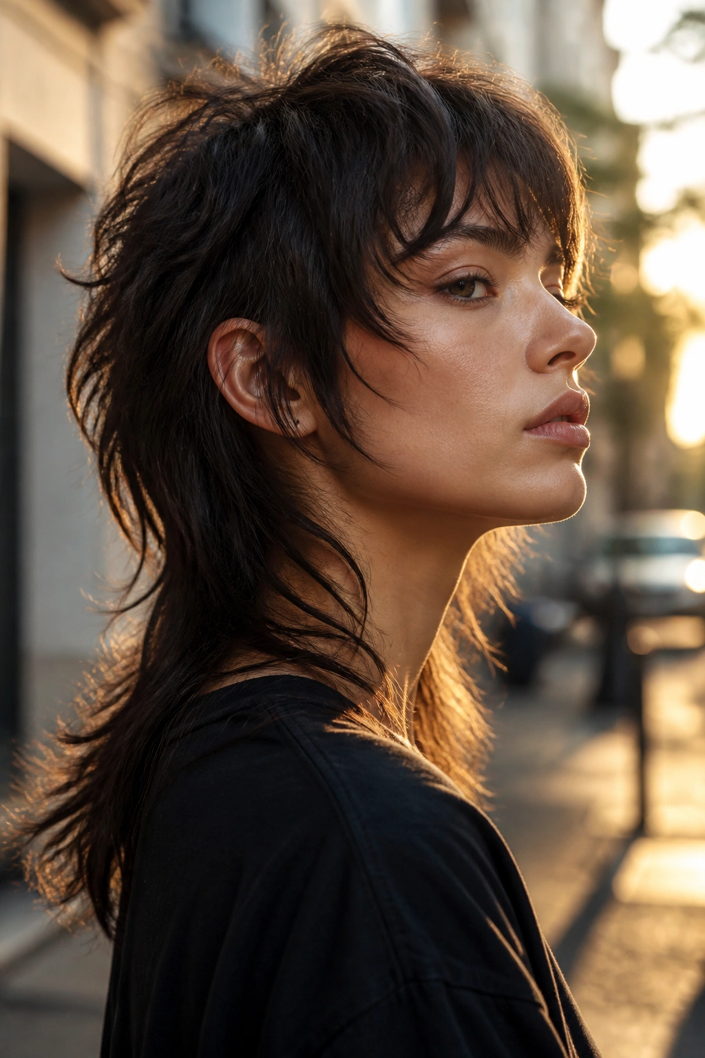 Real person with mullet-leaning wolf cut and longer back, golden hour portrait