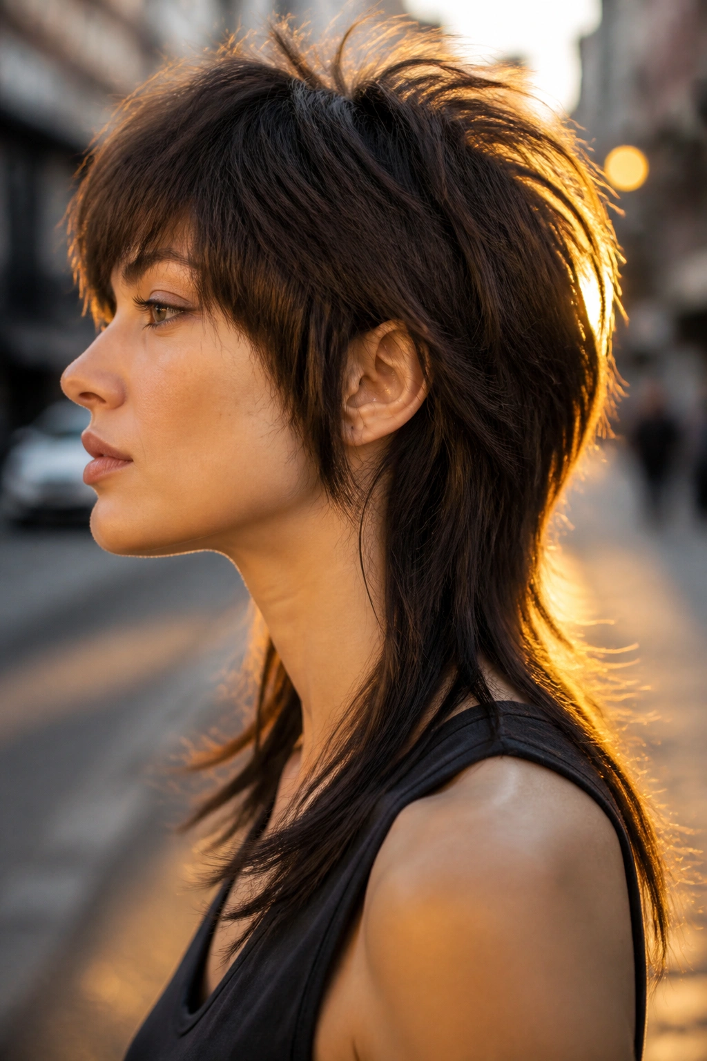 Side-profile of a real woman with mullet-leaning wolf cut showing bold nape length