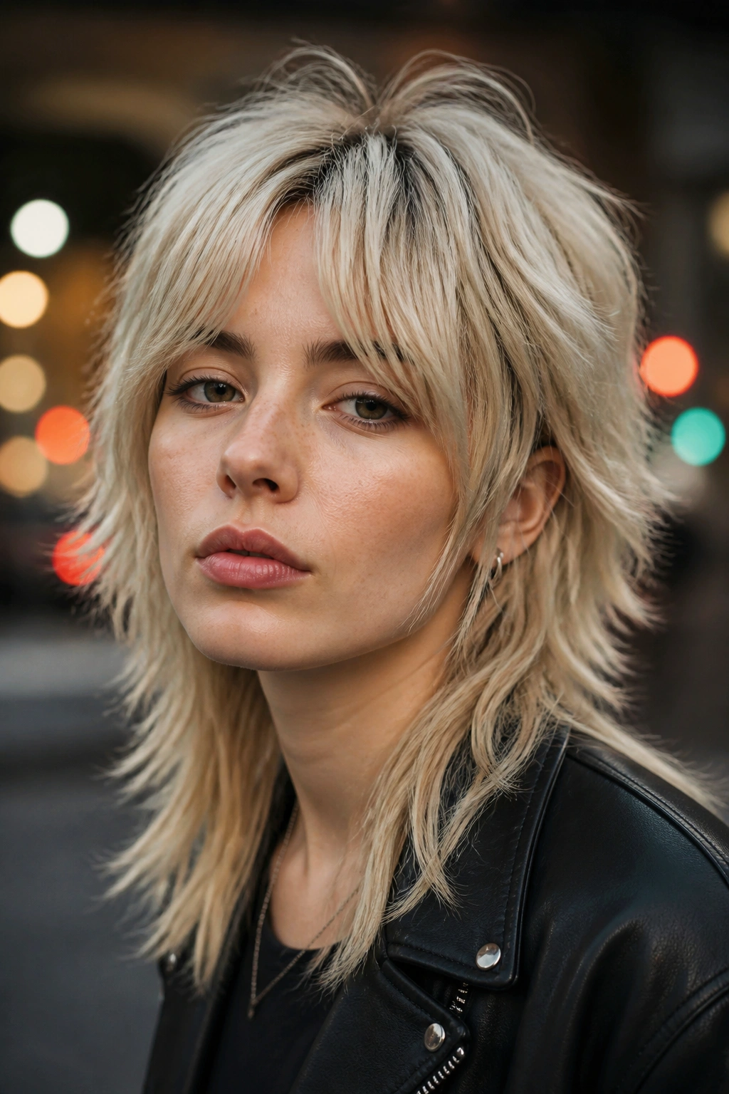 Close-up portrait of a real woman with frosted blonde mullet-wolf and split bangs in an urban backdrop