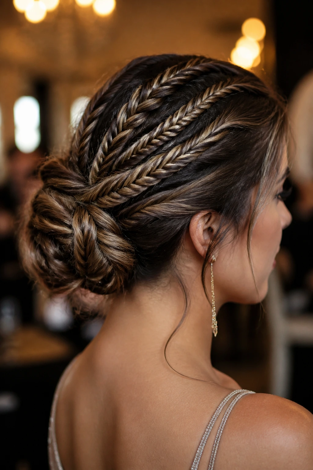 Portrait of a real woman with a multi-strand fishtail updo