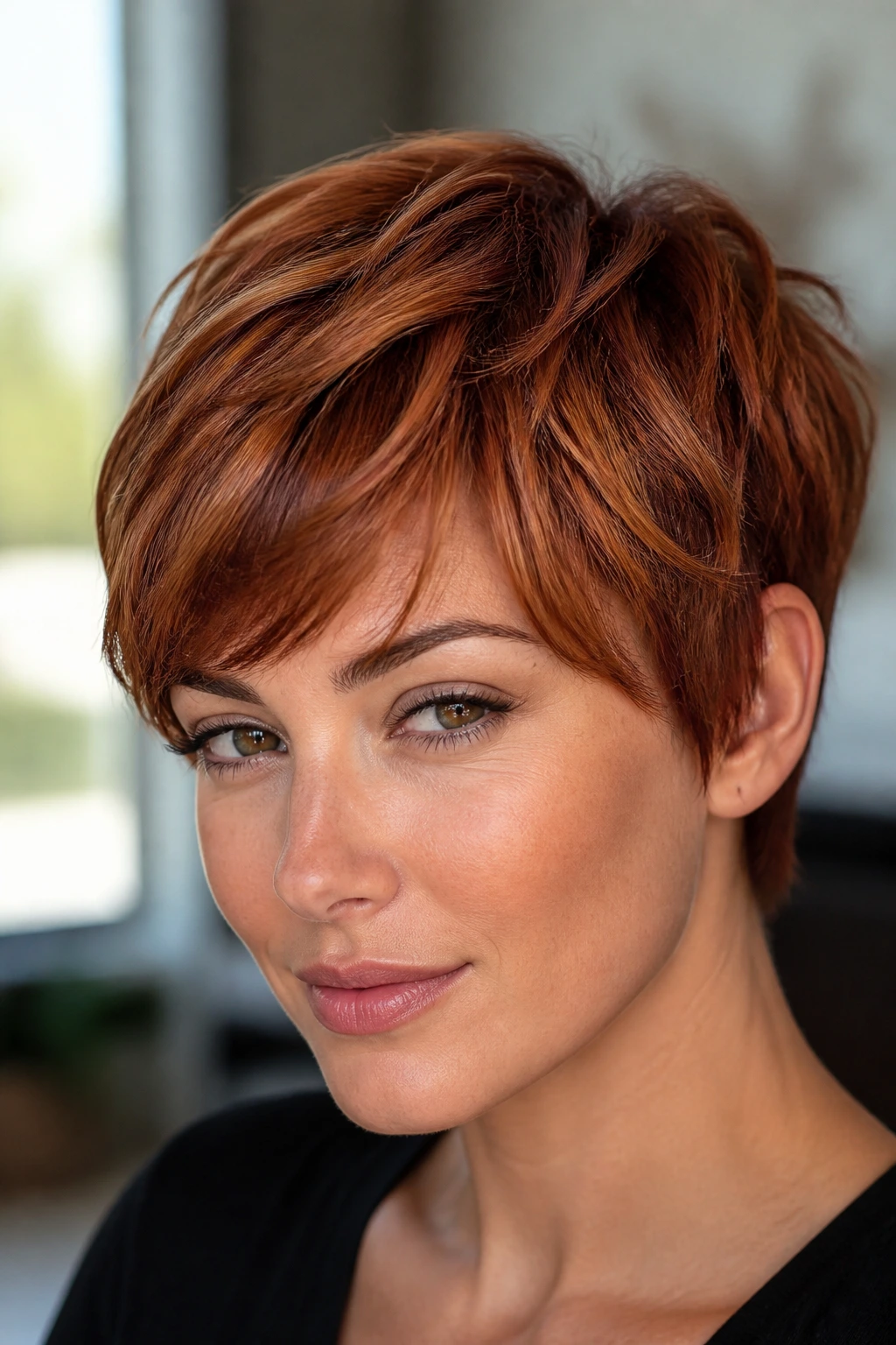 Close-up portrait of a real person with multitone auburn bixie and babylights in natural daylight