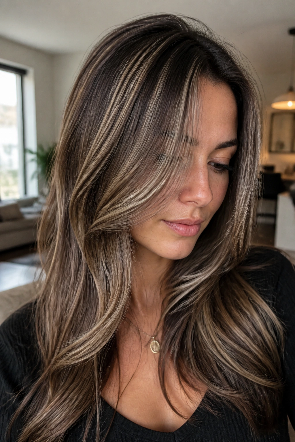 Close-up of cool brunette hair with mushroom brown beige and cocoa veils for soft dimension.