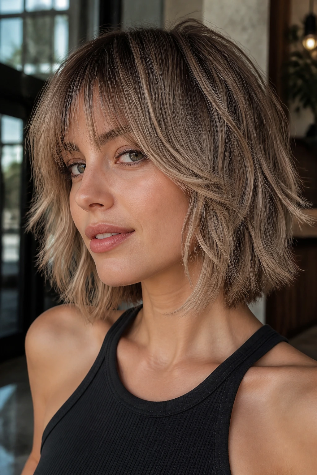 Close-up of shaggy bob with mushroom blonde balayage in natural light