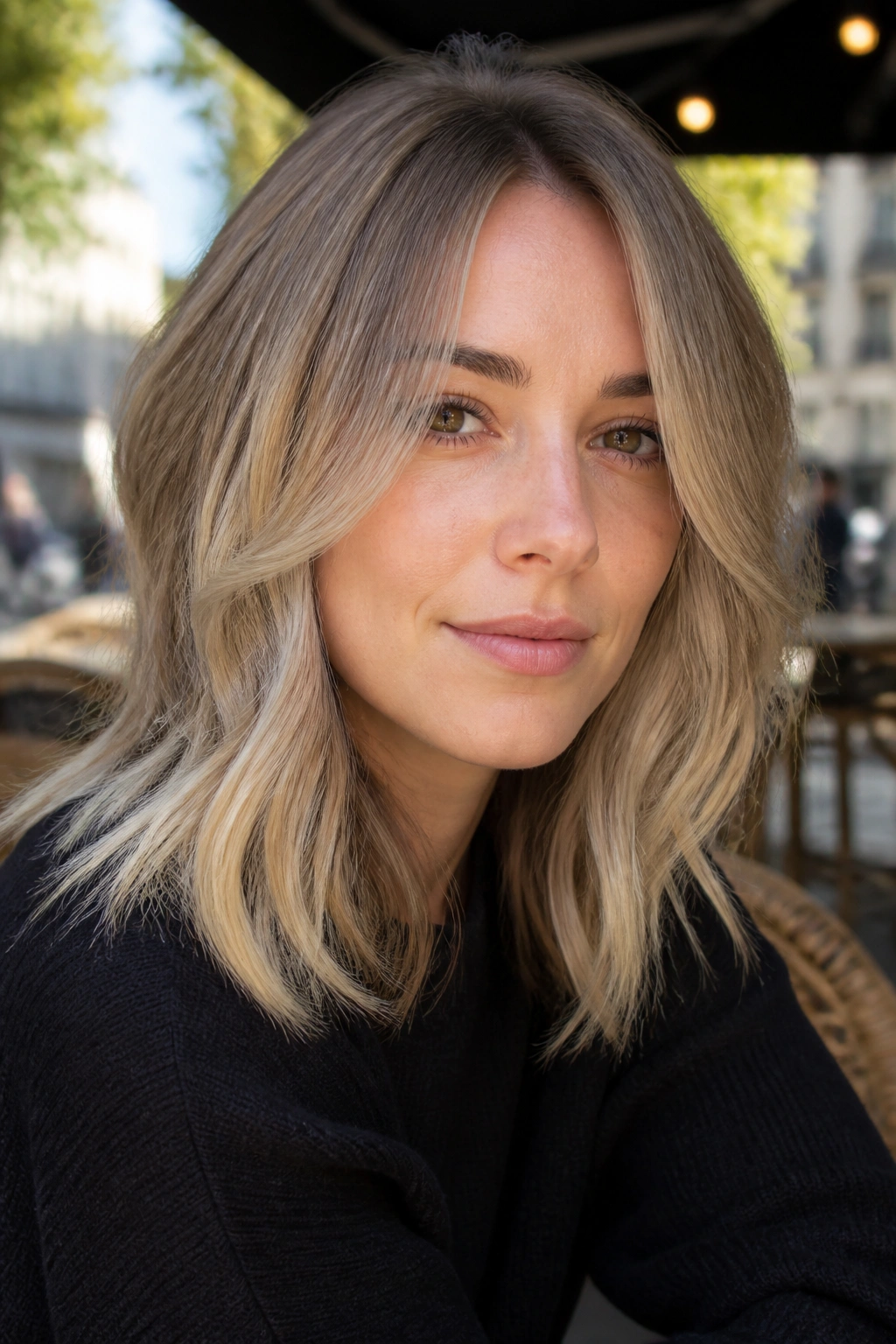 Close up portrait of a woman with mushroom blonde hair and beige ends in a cafe setting