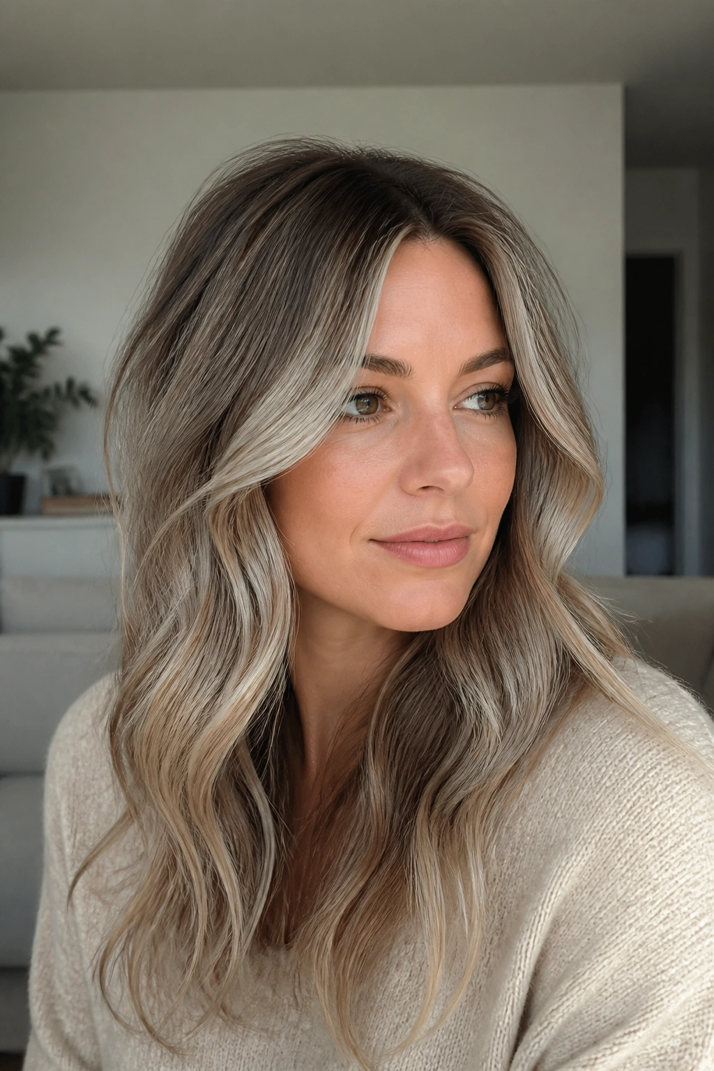 Close-up of mushroom blonde hair with beige ribbons on a real woman