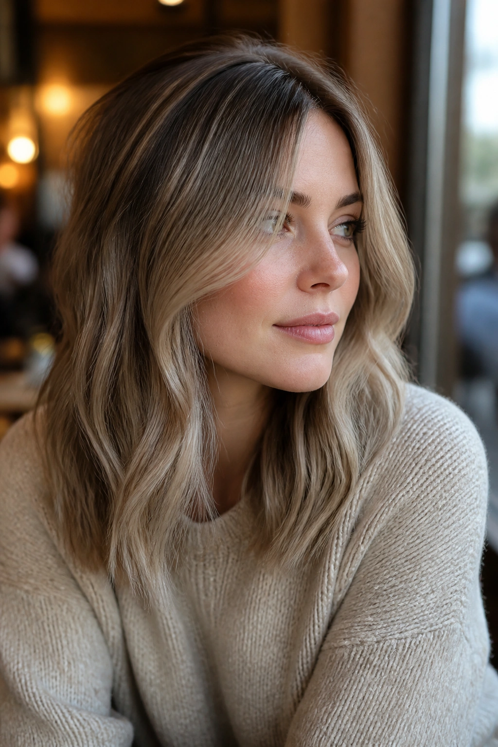 Close-up portrait of a real woman with mushroom blonde hair in beige taupe and soft brown tones.