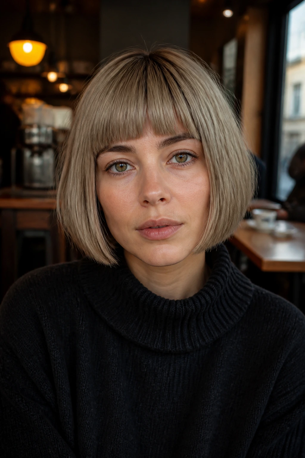 Close-up of a real person with mushroom blonde blunt bob