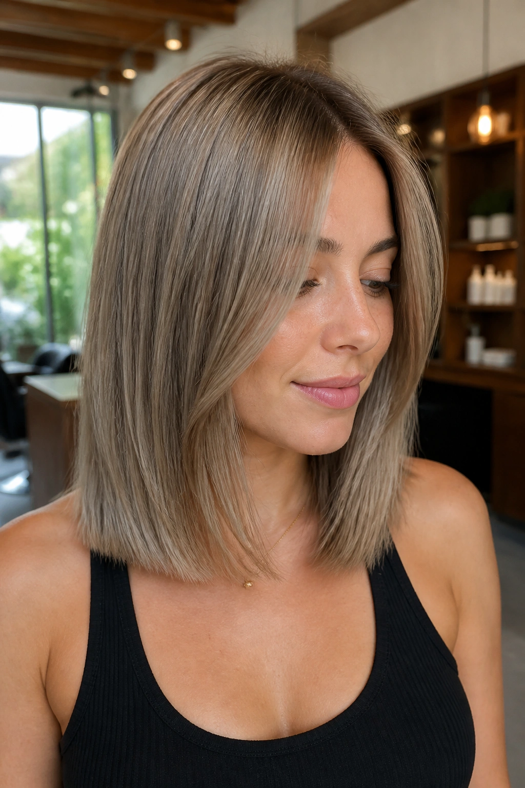 Close-up portrait of a real woman with mushroom blonde blunt medium cut
