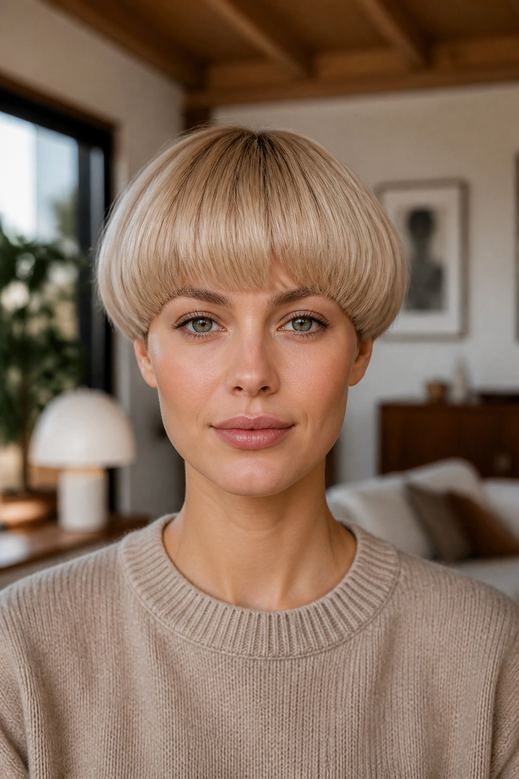 Front portrait of a real woman with a mushroom blonde bob and rounded shape in diffuse daylight