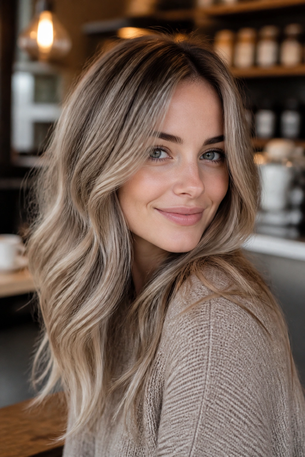 Close-up of a real woman with mushroom blonde hair in a cozy cafe setting