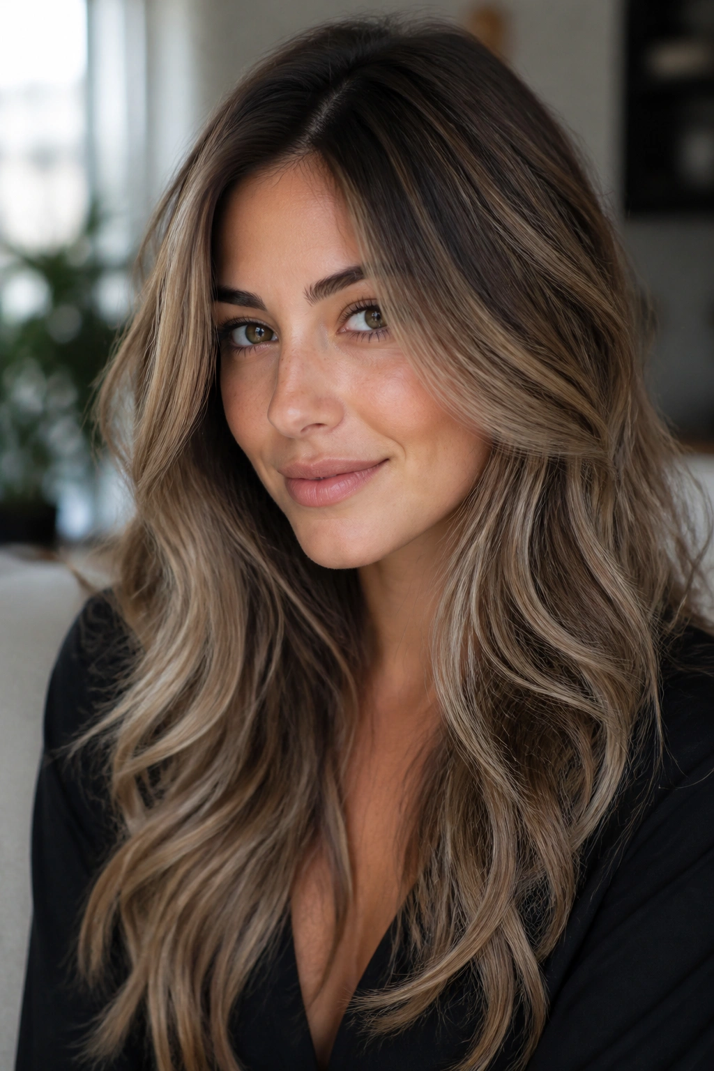 Close-up of brunette with mushroom blonde dimension and cool ash tones