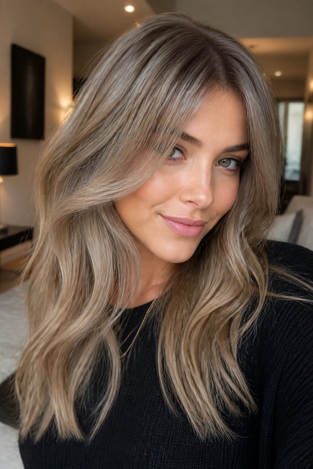 Close-up portrait of a real person with mushroom blonde hair in a soft indoor light