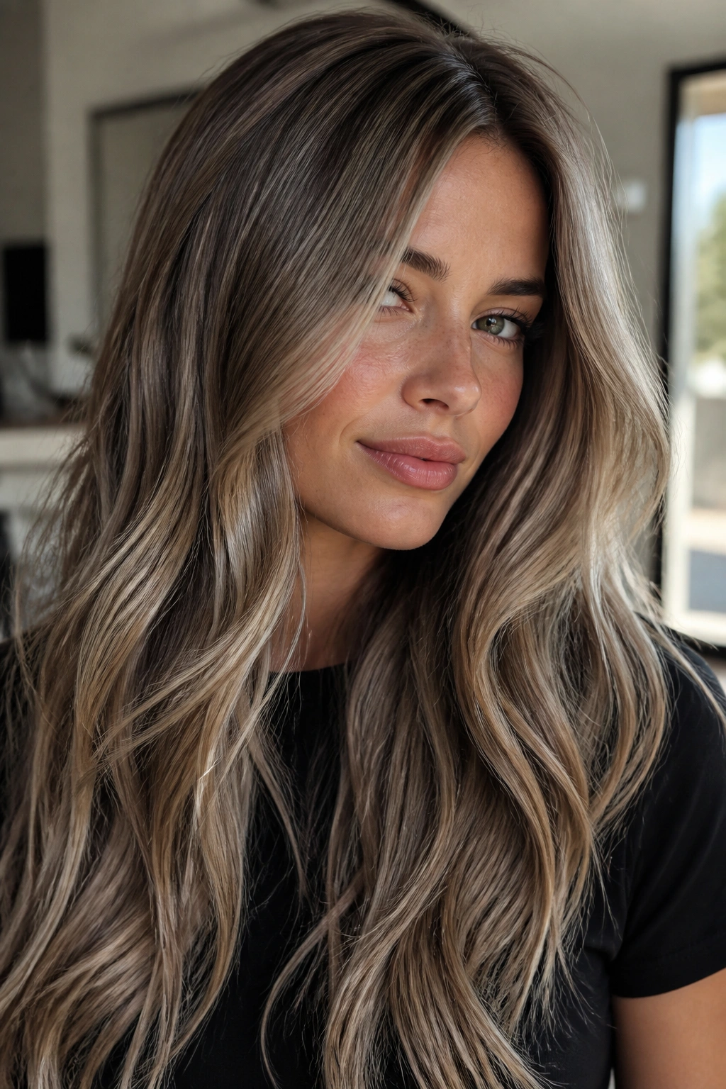 Close-up of a real woman with mushroom blonde long hair and taupe tones