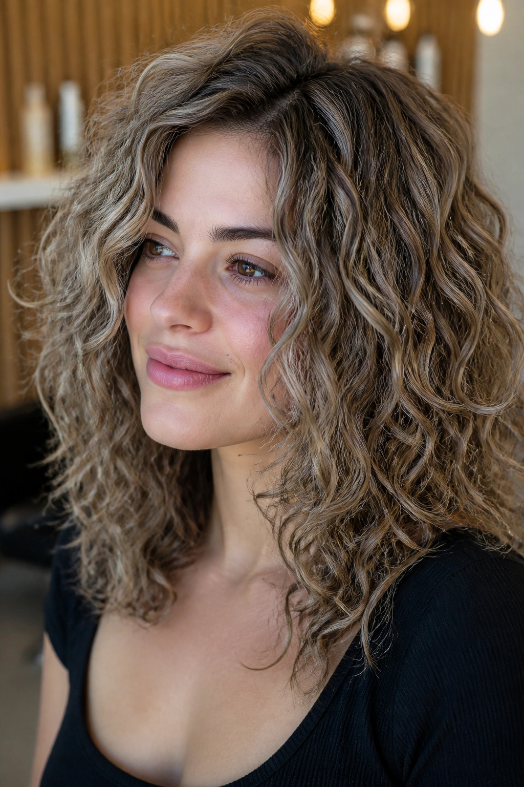 Close-up of real woman with mushroom blonde hair on curly texture