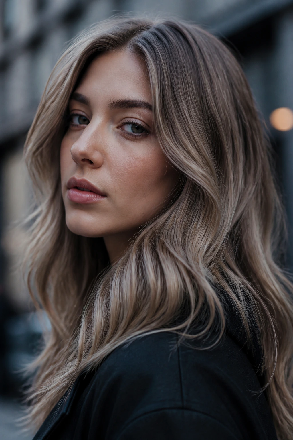 Close-up portrait of a real woman with mushroom blonde hair in moody urban light