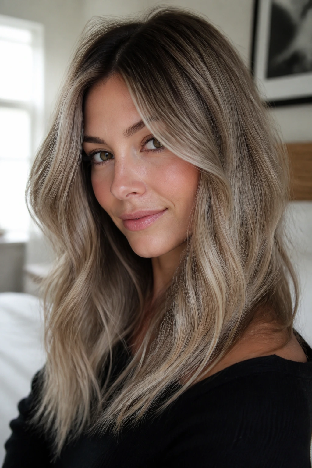 Close-up of a real woman's mushroom blonde hair with smoky beige tones
