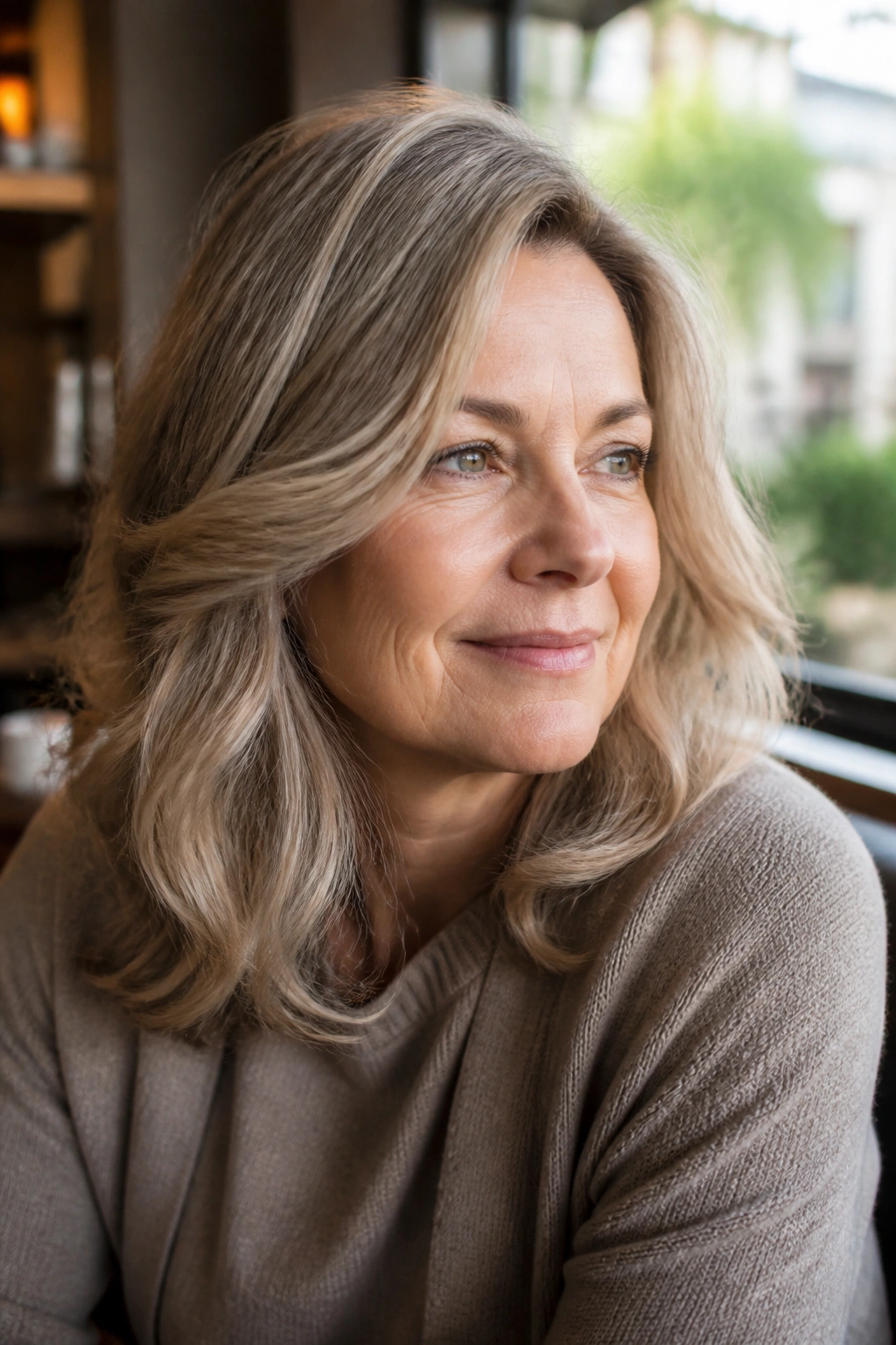 Close-up of a woman with mushroom blonde hair in cafe window light
