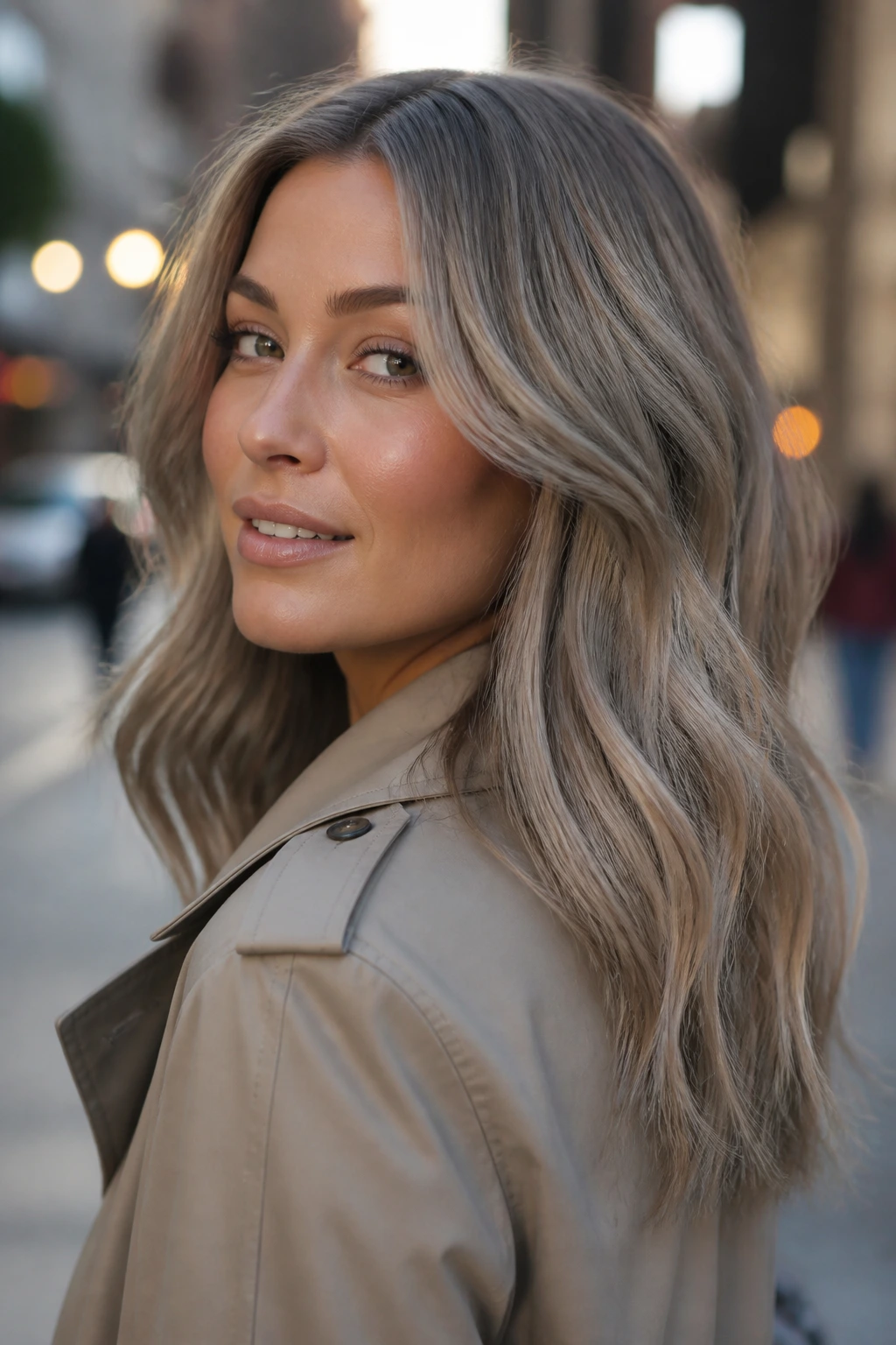 Close-up portrait of a real person with mushroom taupe-blonde hair