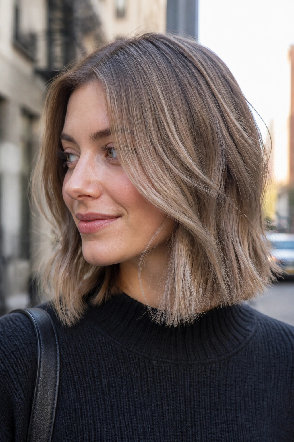 Close-up of a real woman with a mushroom blonde lob and cool smoky finish