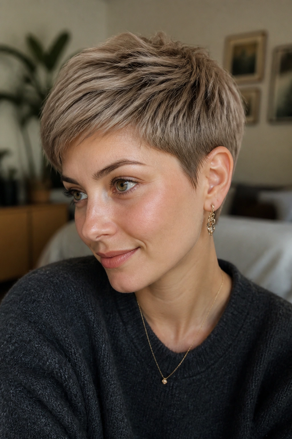 Real person wearing a mushroom blonde pixie hairstyle.