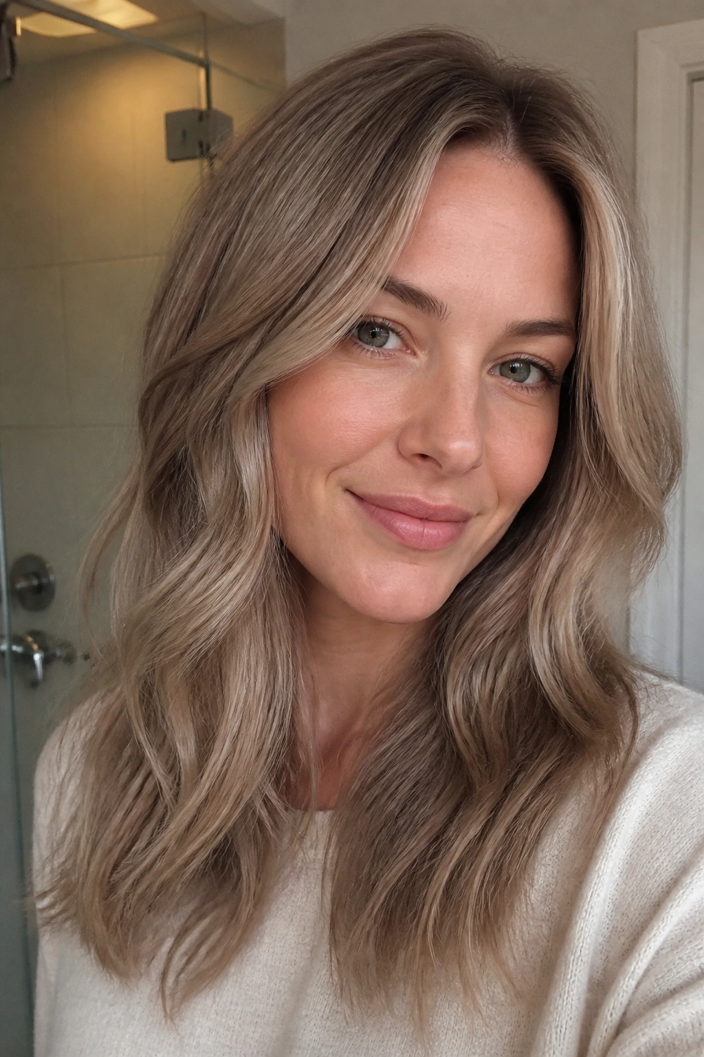 Close-up of a real woman with mushroom blonde hair in warm bathroom light