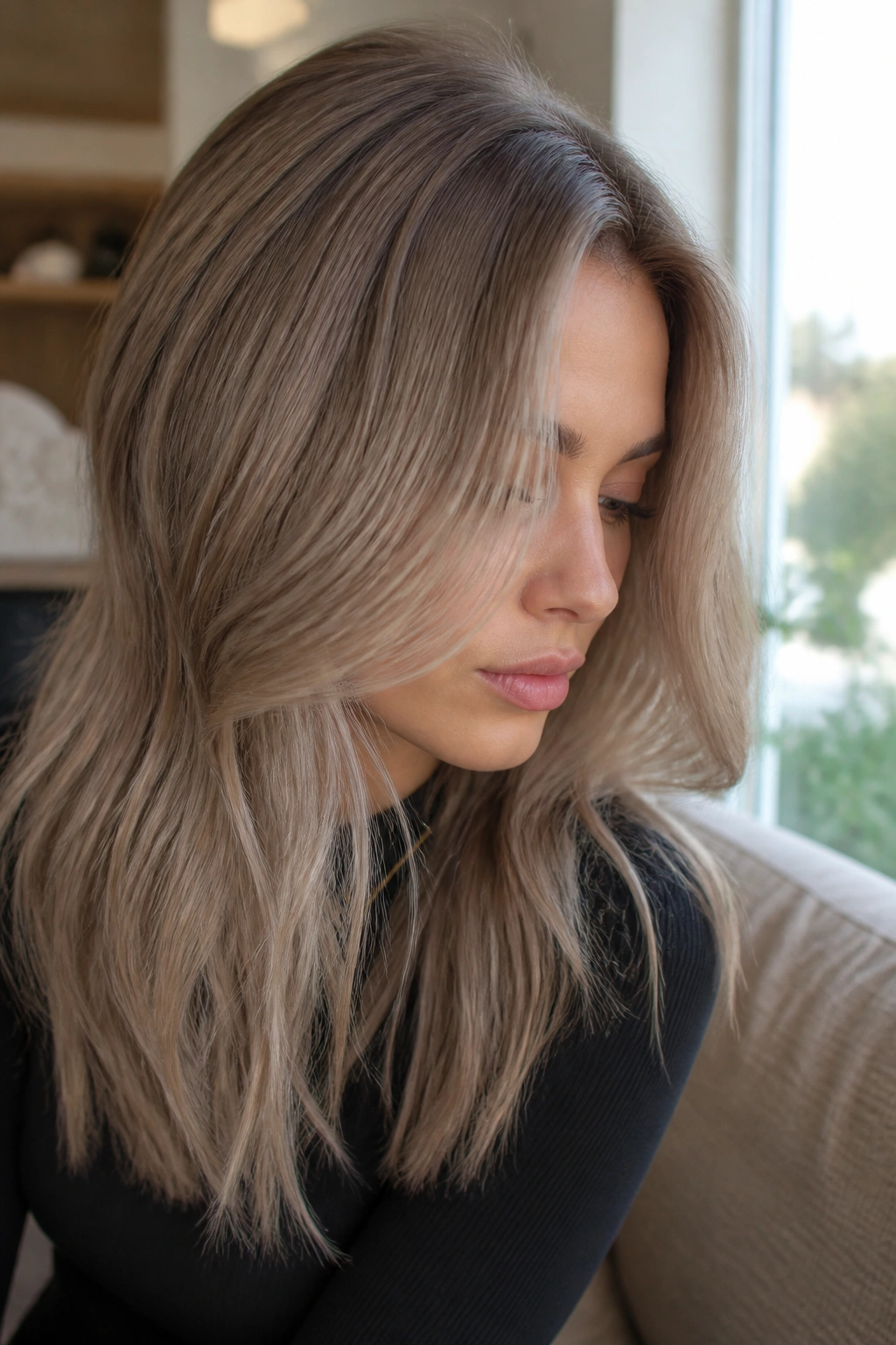 Close-up portrait of a woman with cool beige-ash mushroom blonde in soft lighting