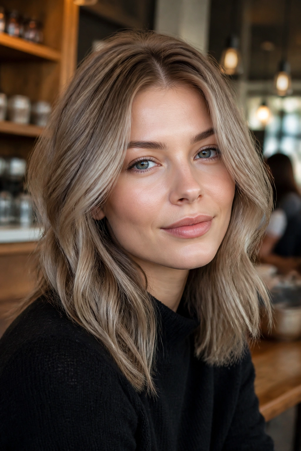 Portrait of a real woman with mushroom blonde hair in cool taupe tones