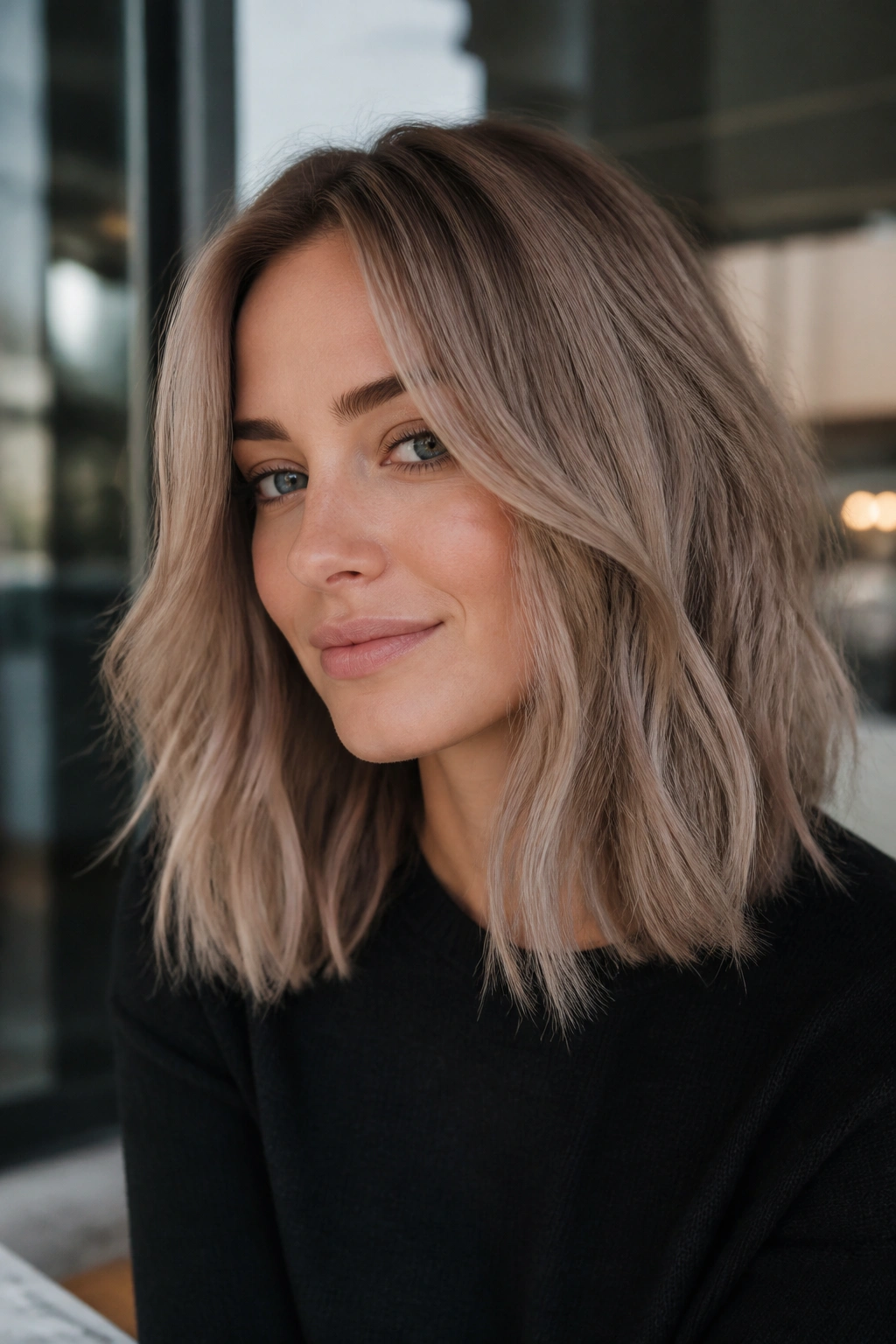 Real woman with mushroom blonde shoulder-length hair in a smoky cool finish