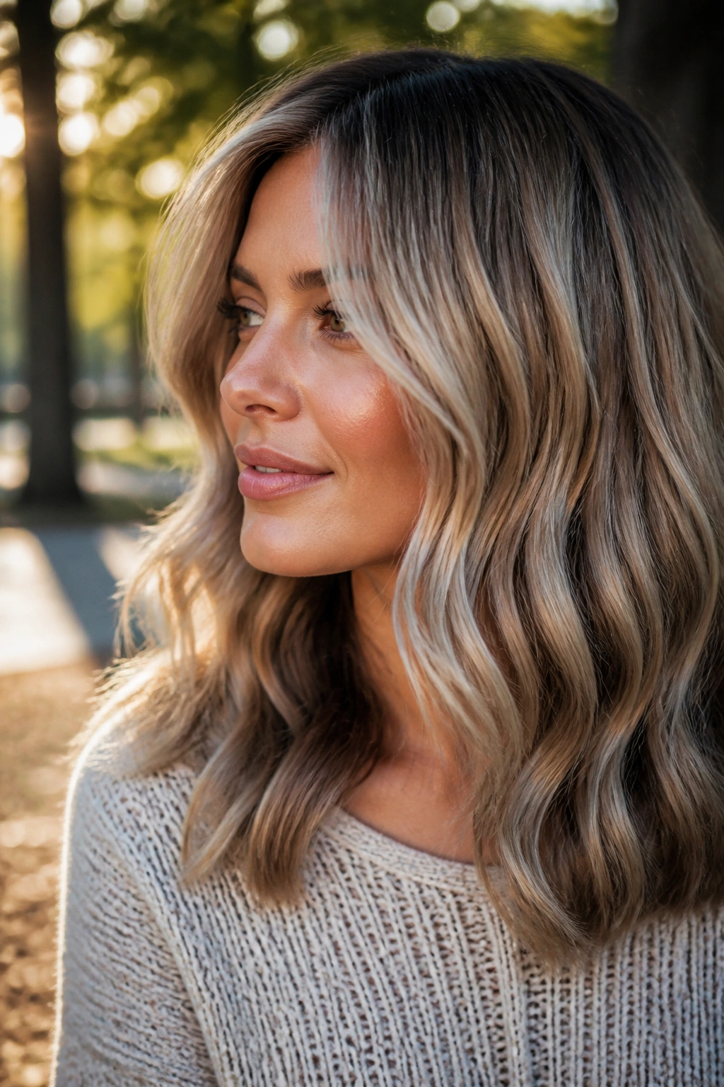 Portrait of a woman with mushroom blonde hair and smoked ends