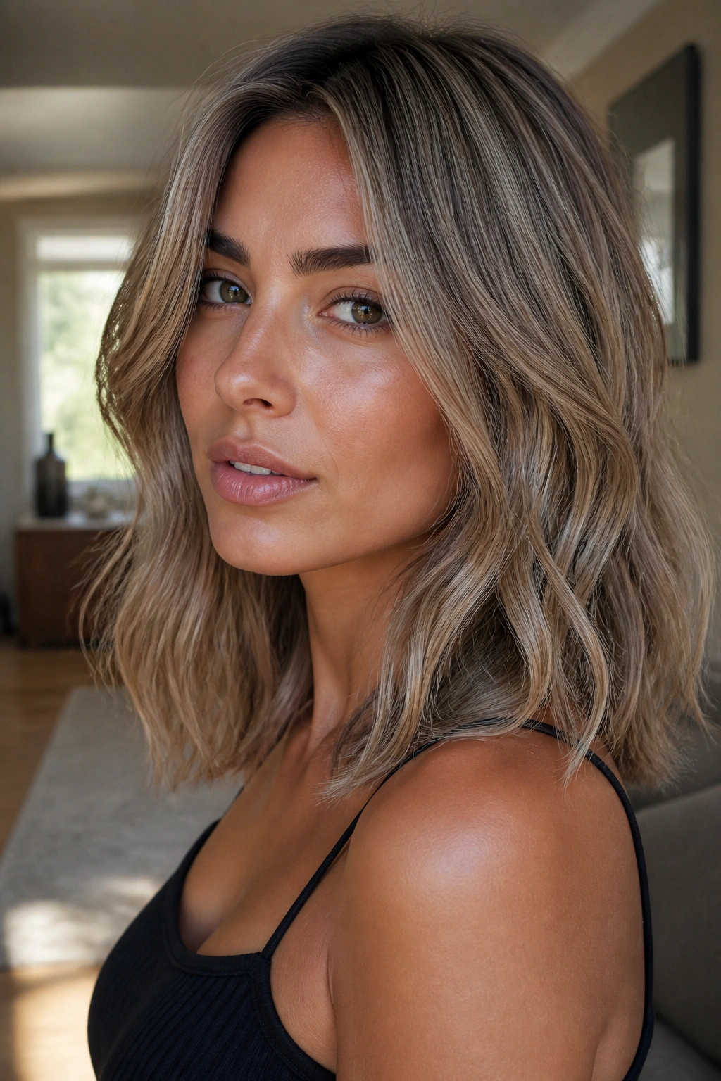 Close-up portrait of a real woman with mushroom blonde hair and olive-tan skin in warm window light