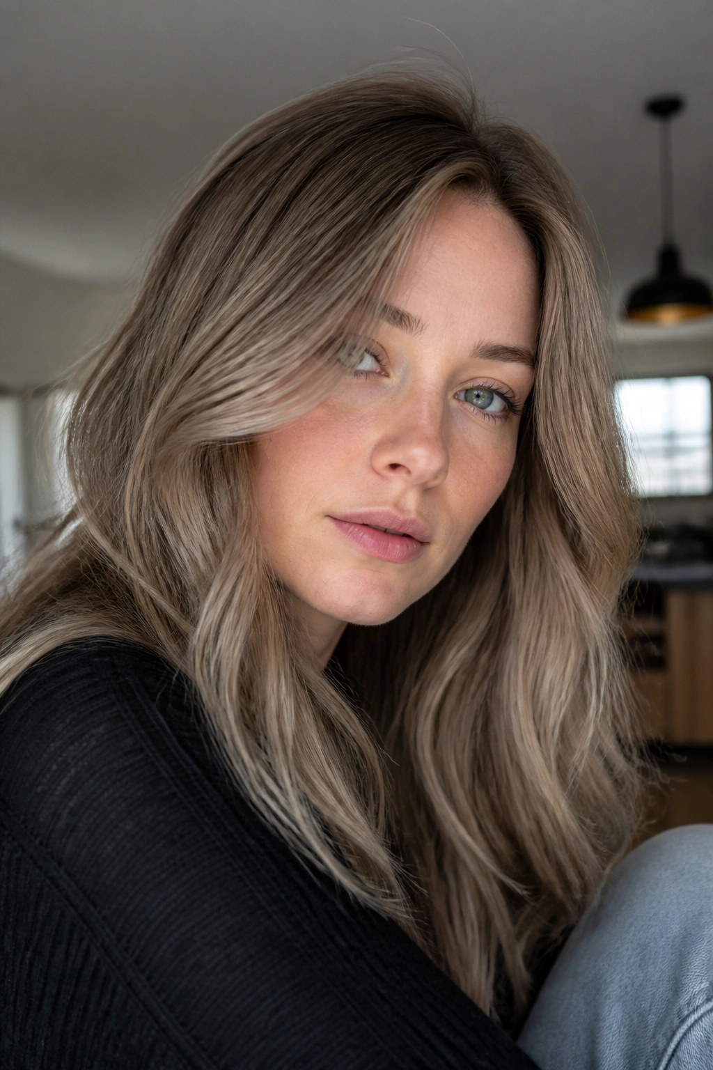 Close-up portrait of a real person with mushroom blonde hair and taupe tones