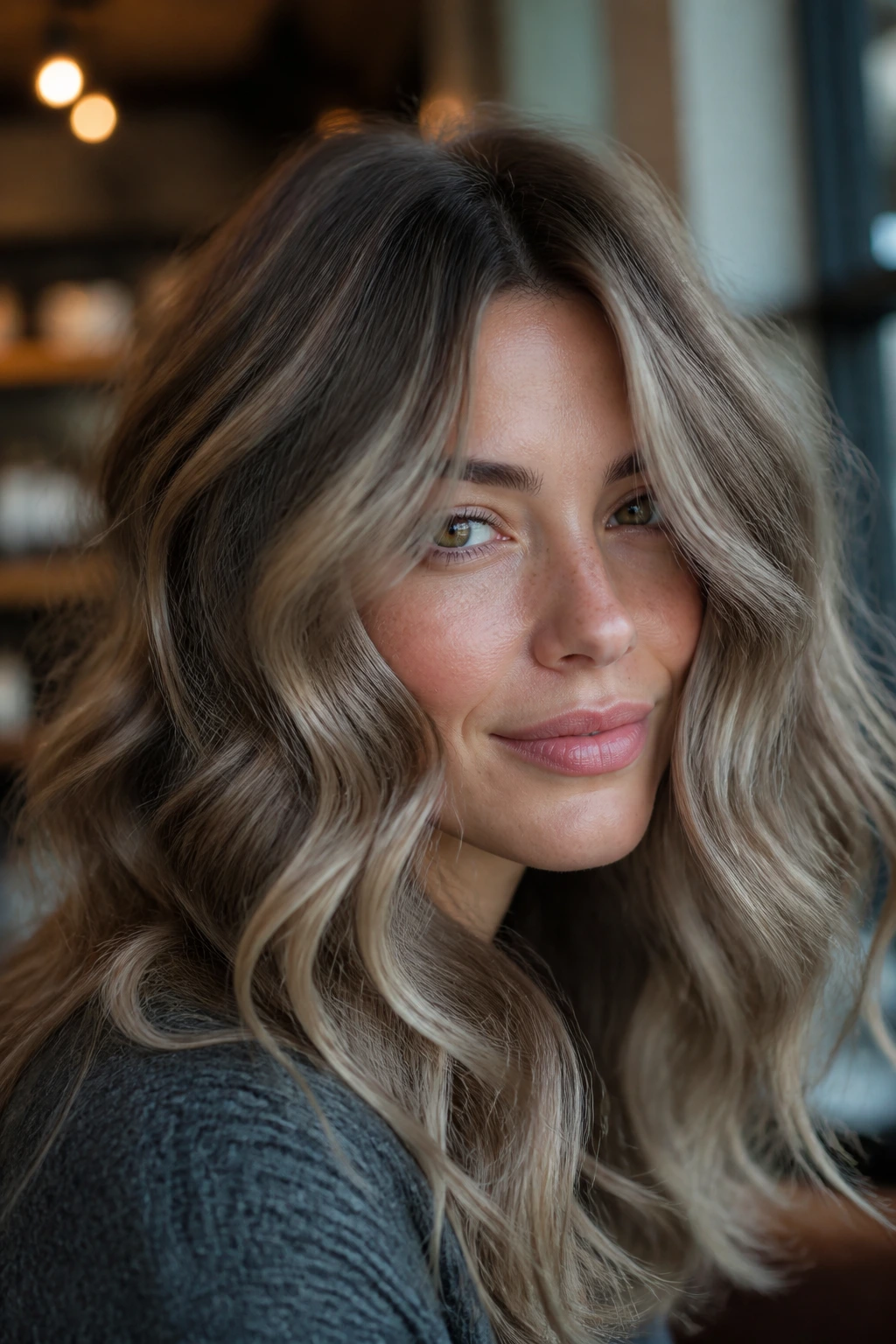 Close-up of a real woman with mushroom blonde taupe-beige hair and soft waves