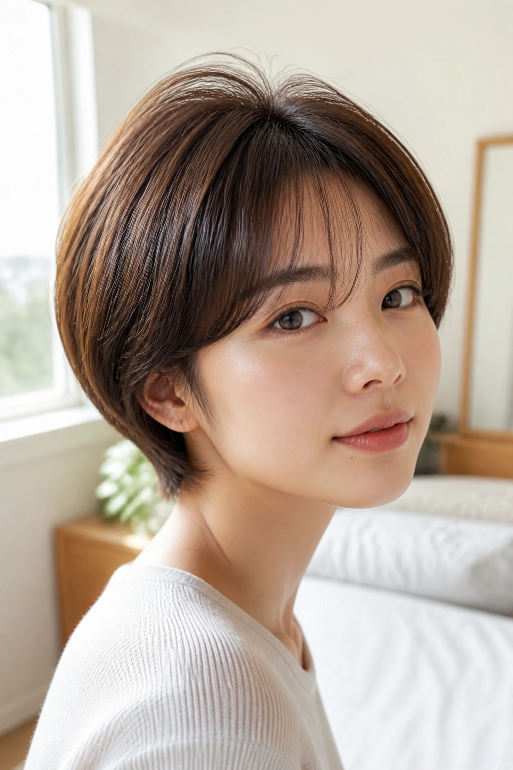 Close-up of a real woman with a mushroom bob featuring airy crown layers