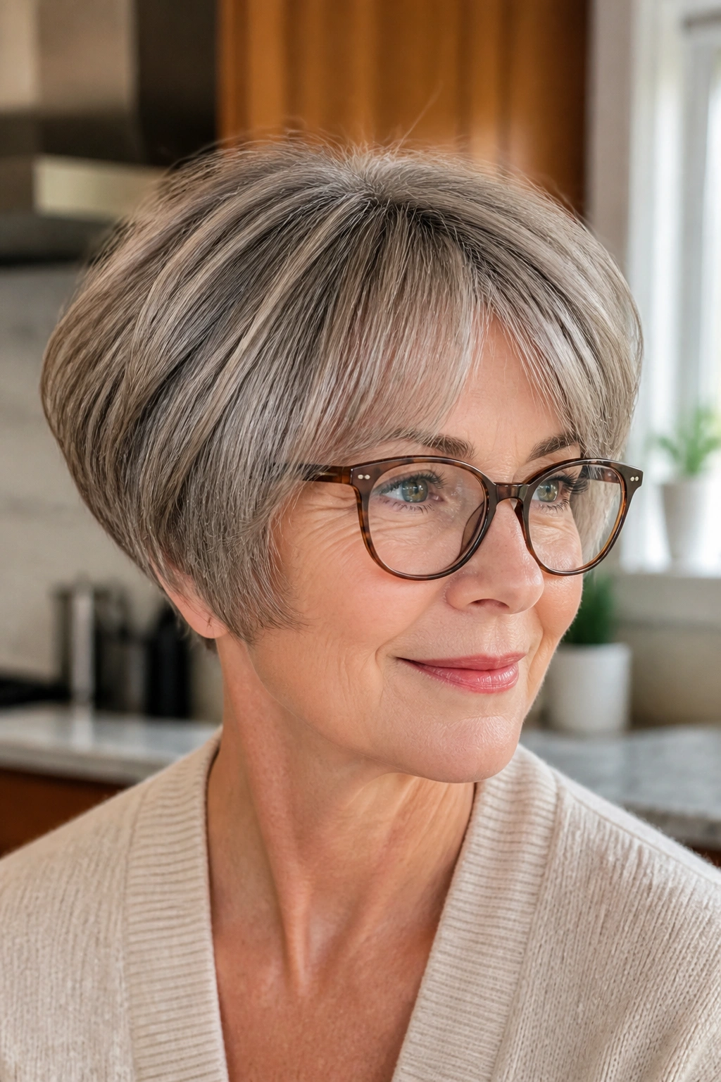 Close-up of a 60s woman with soft mushroom bob and airy layers, natural light.
