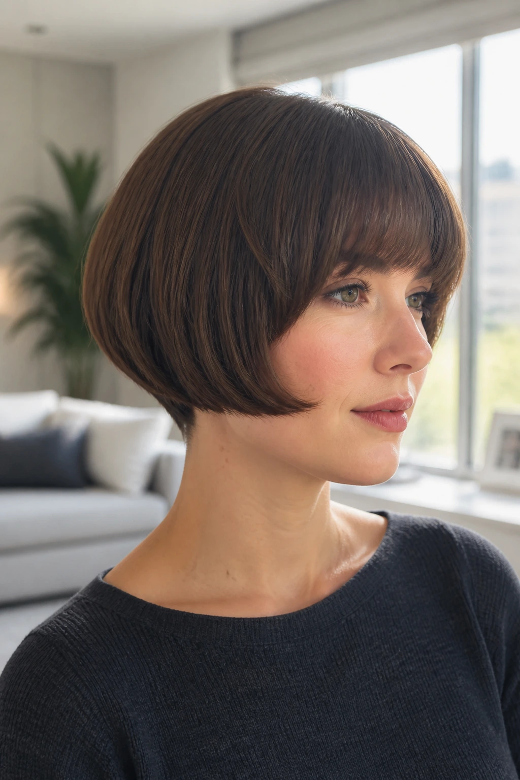 Close-up of a real woman with a mushroom bob in a bright living room