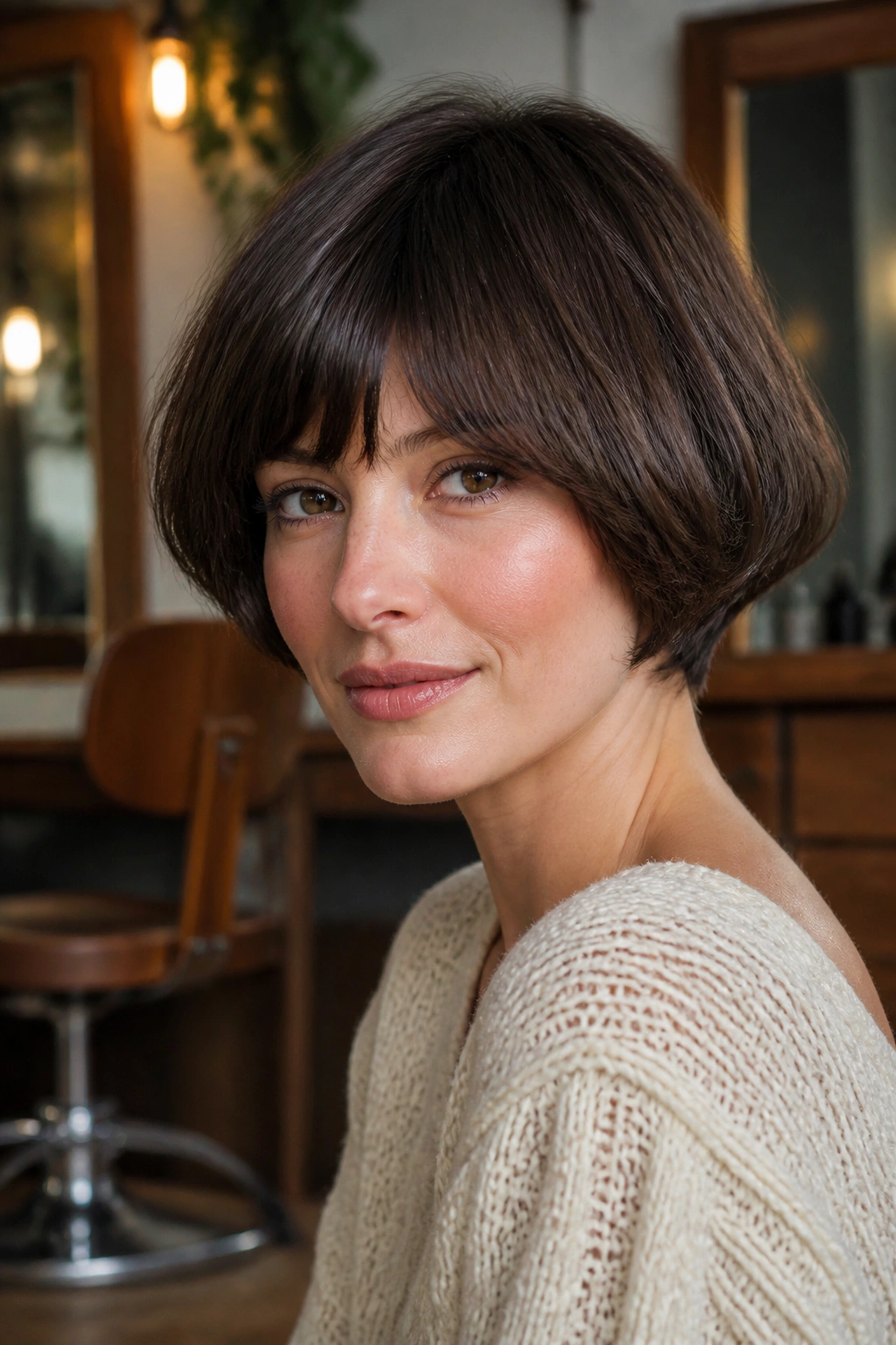 Close-up of a real woman with a softened mushroom bob in warm salon light.