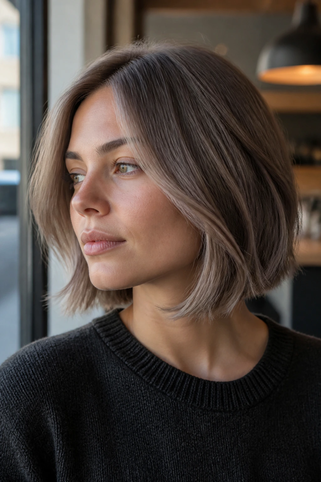 Close-up of a real person with mushroom bronde bob haircut.