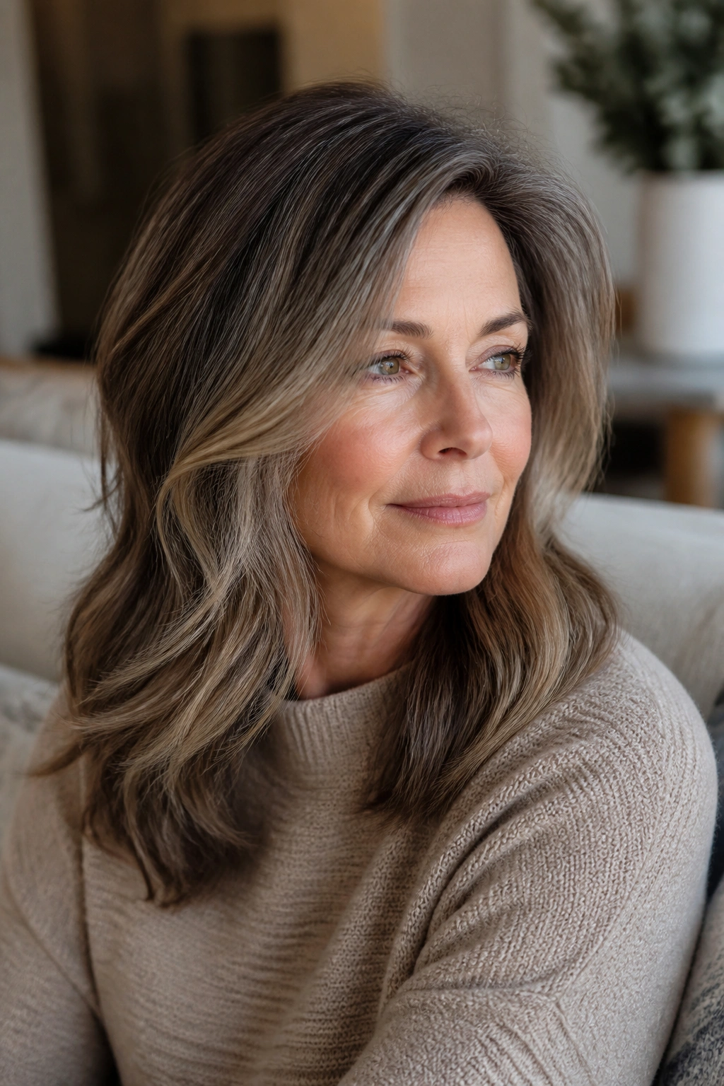 Portrait of a real woman with mushroom brown hair and ash-beige dimension