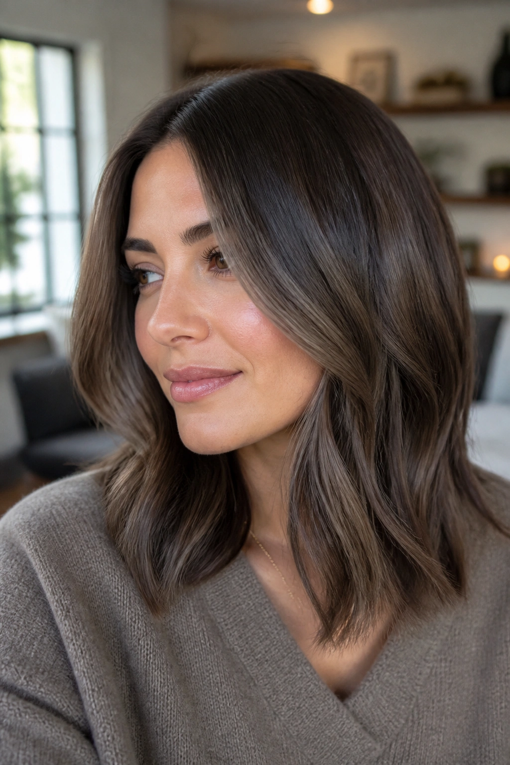 Brunette with mushroom brown ash glaze on medium-length hair