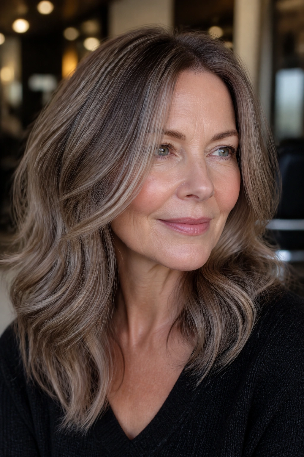 Close-up of a real woman with mushroom brown hair and ash lowlights