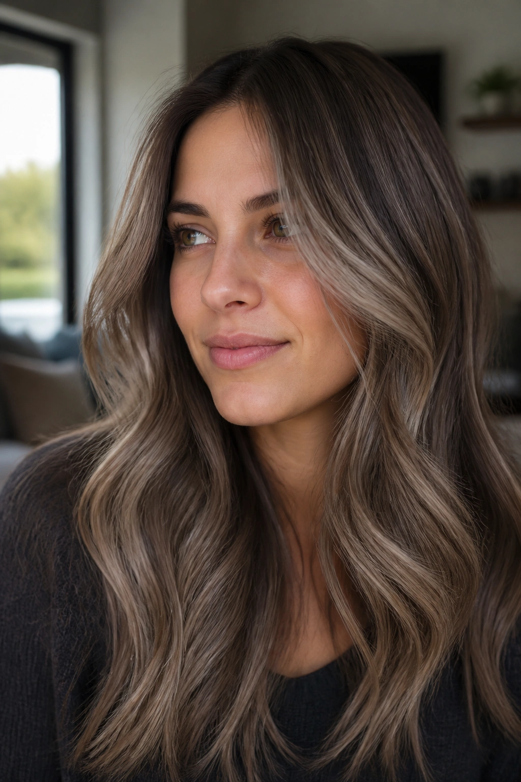 Close-up of a brunette with mushroom brown base and ash ribbons