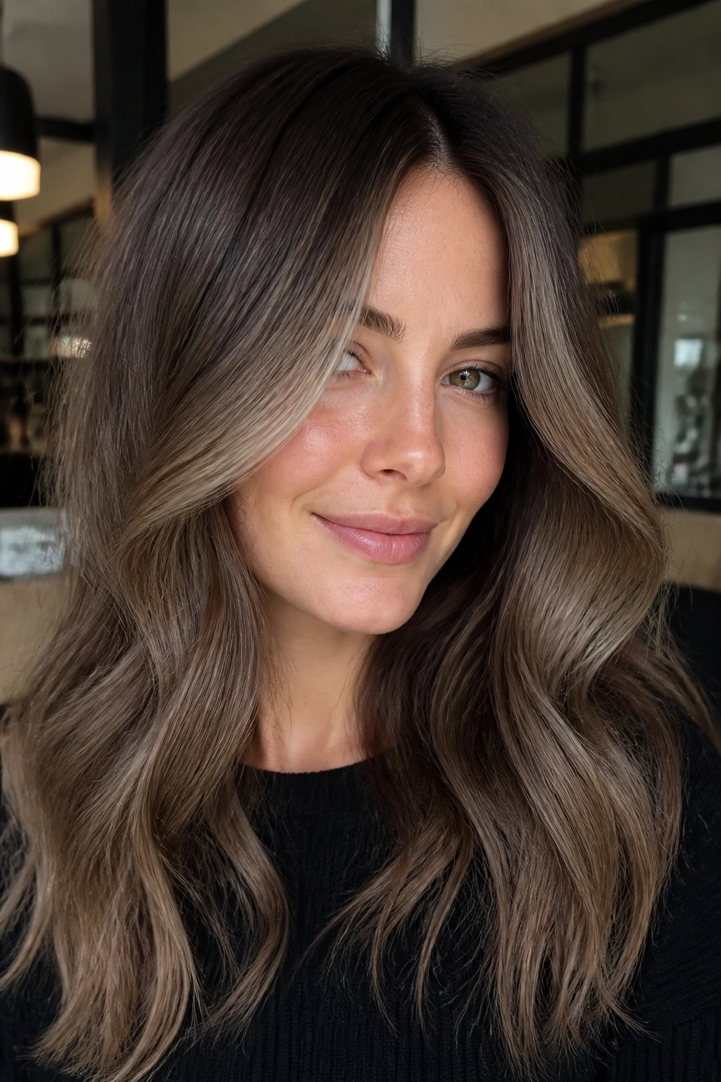 Close-up of brunette hair with mushroom brown and ash ribbons in cool tones