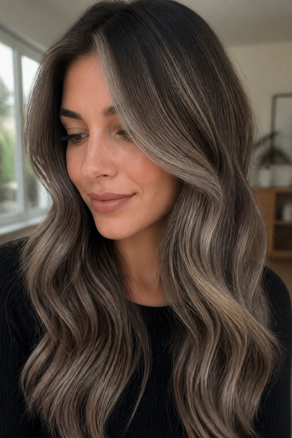 Close-up of a real woman with mushroom brown balayage on cool undertones
