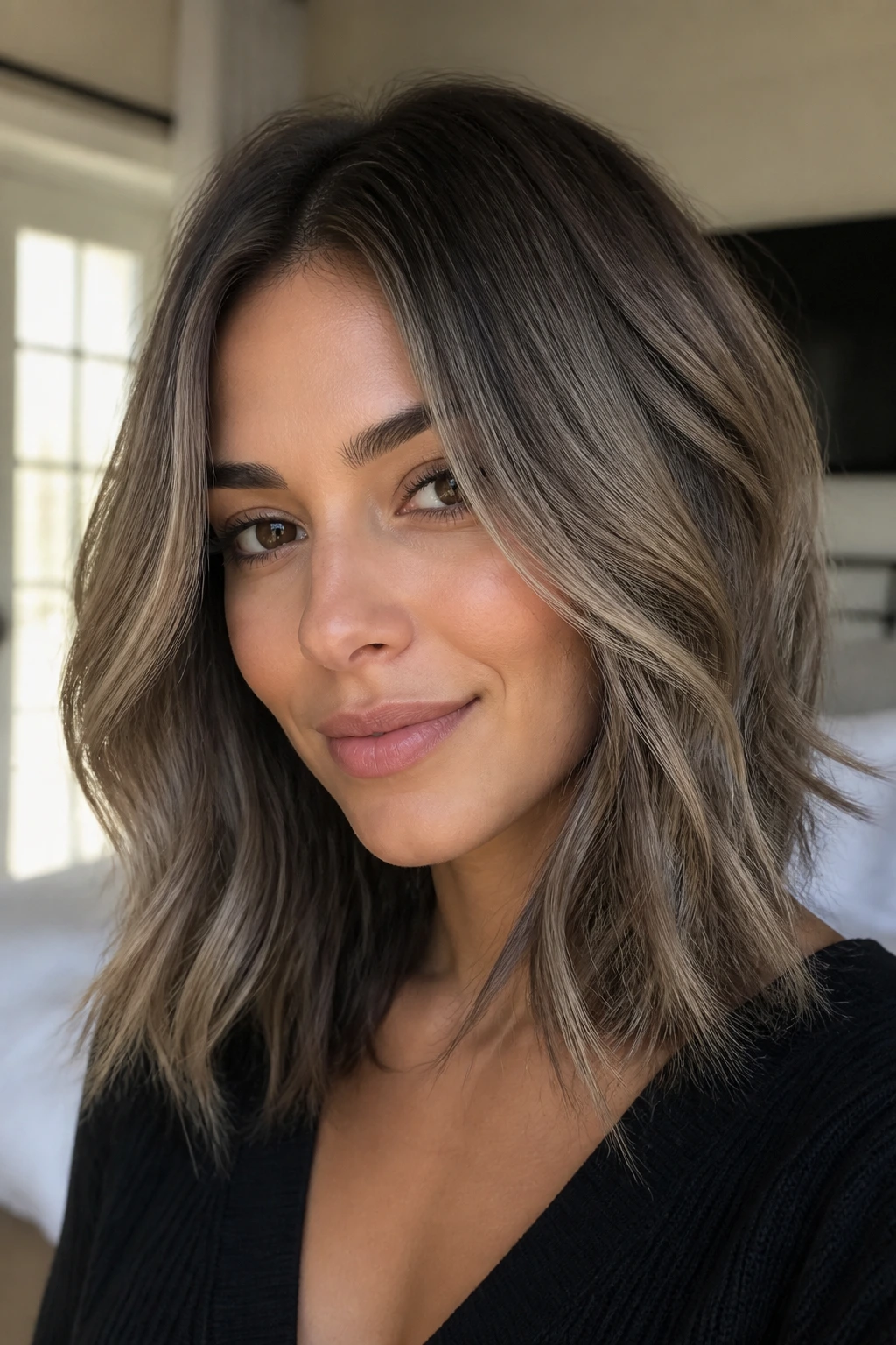 Close-up of a real woman with mushroom brown balayage in ash tones under natural light
