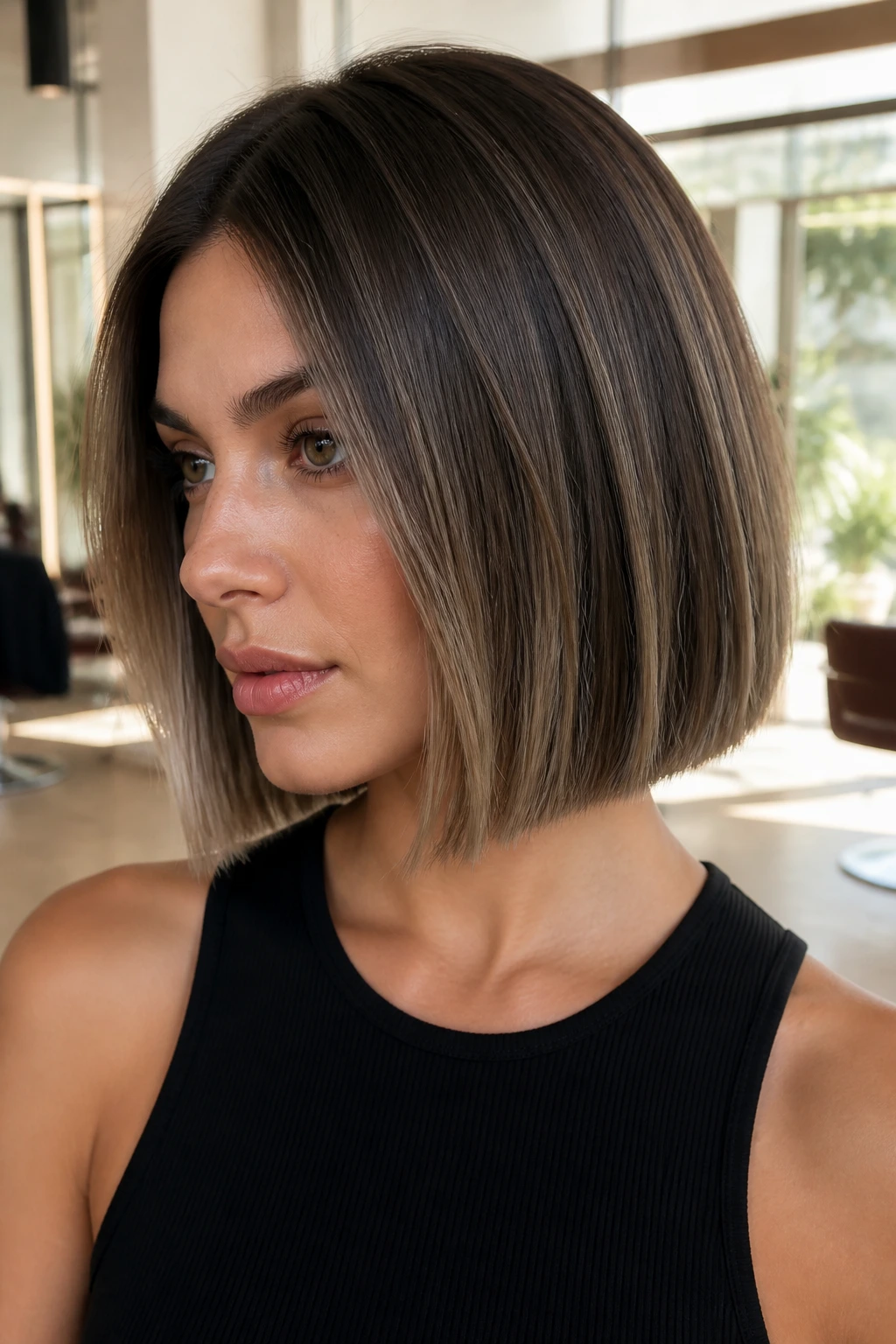 Close-up portrait of a real woman with mushroom brown balayage on a blunt bob