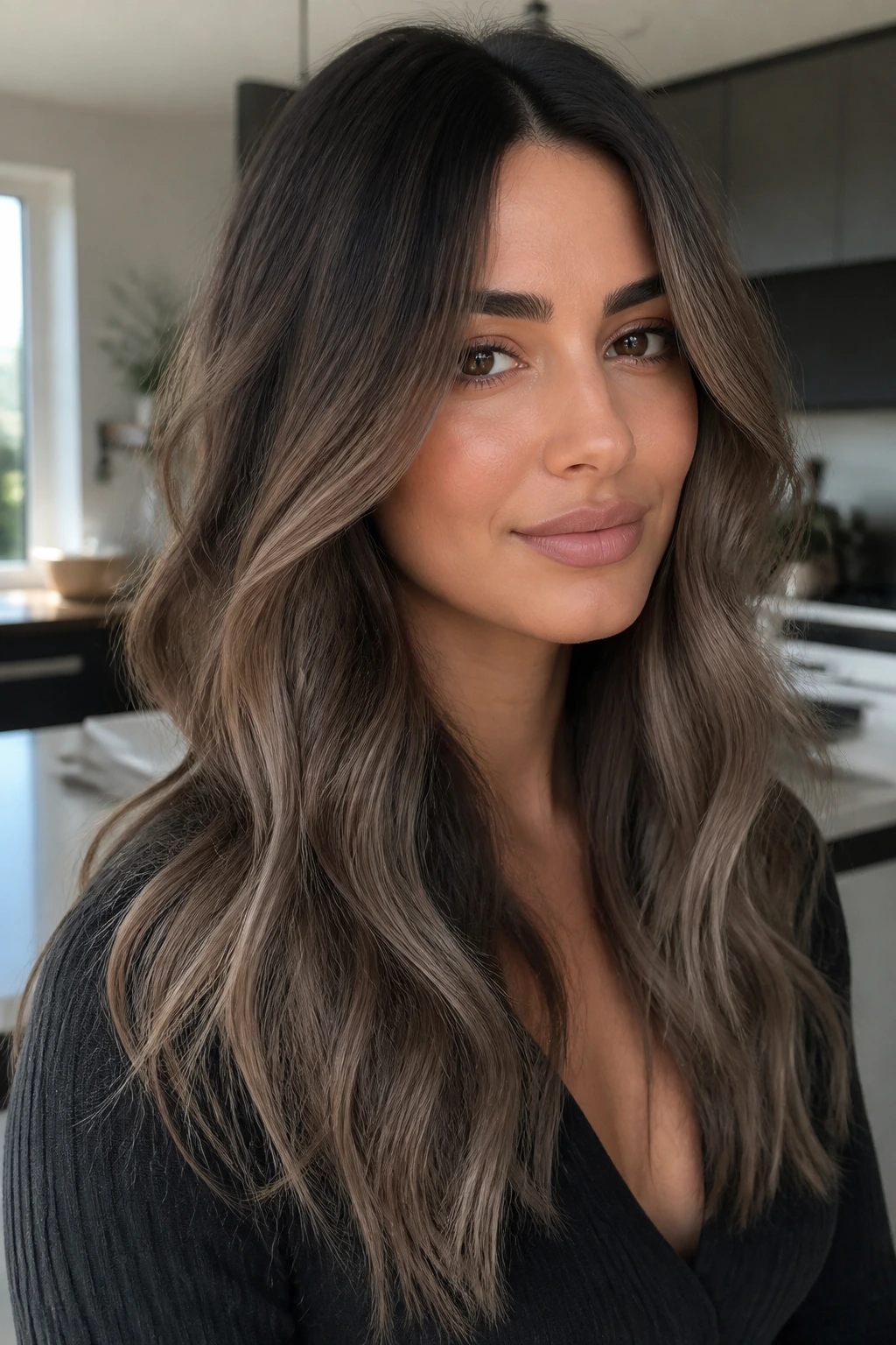 Brunette with cool mushroom brown balayage in kitchen light