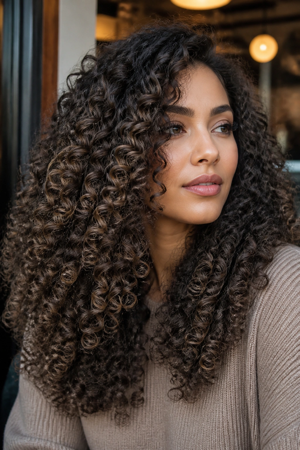 Dense curly hair with mushroom brown balayage on a real person