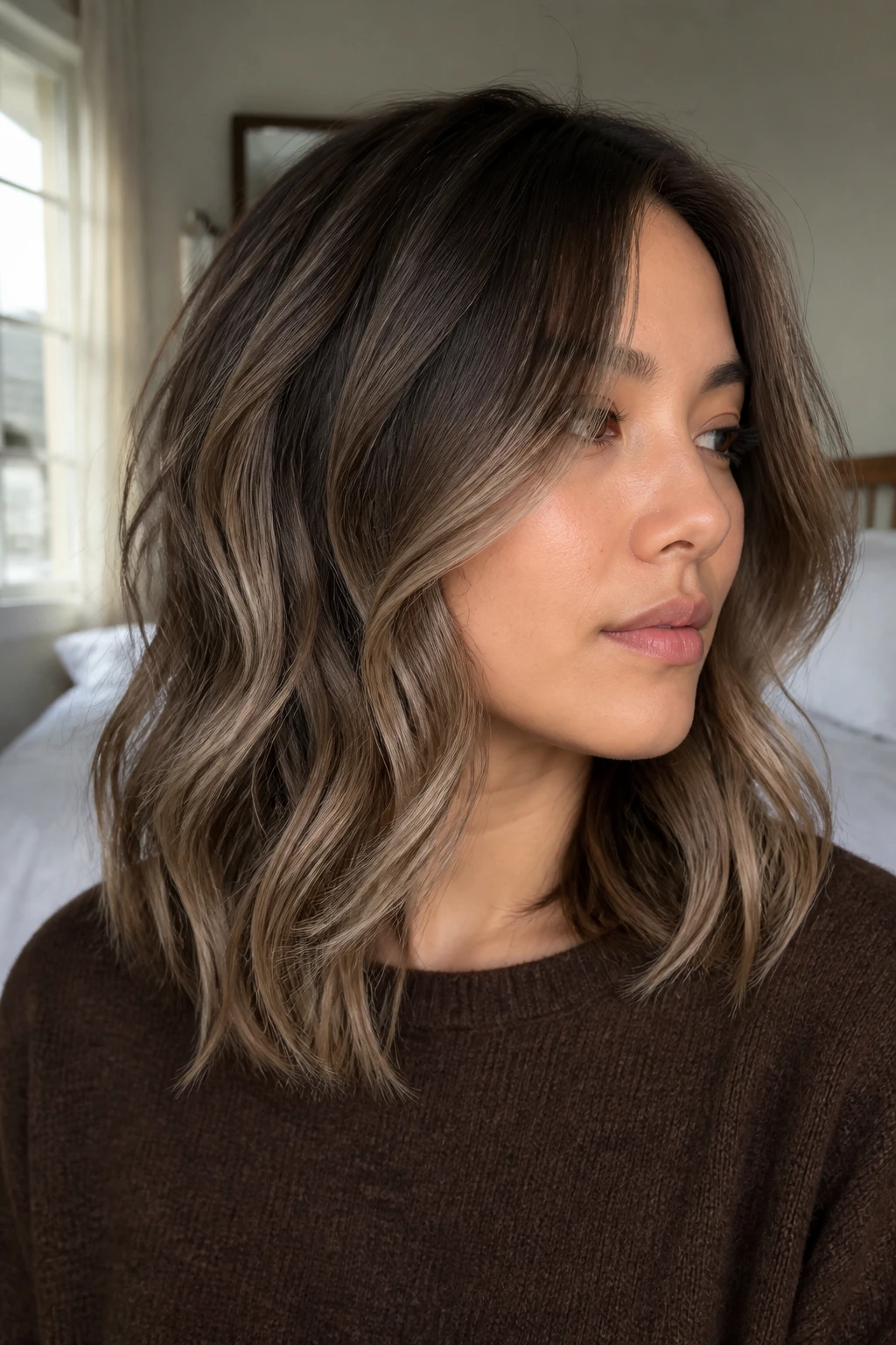 Real woman with mushroom brown balayage on layered medium hair in cool taupe tones